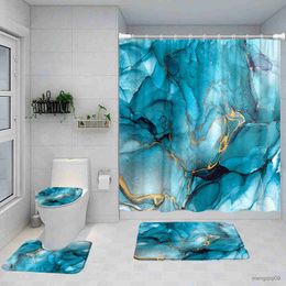 Carpets Blue Marble Shower Curtain Set Art Abstract Painted Modern Bathroom Decor Bath Mat Pedestal Rug Non-Slip Carpet Toilet Lid Cover R230802