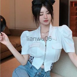 Women's Blouses Shirts 2023 Blusas De Mujer Summer Blouses for Women Puff Sleeve Zipper Crop Tops Temperament Shirts Fashion Korean Tunic White Blouse J230802