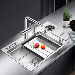 SUS 304 Stainless Steel Handmade Brushed Sink Cup Rinser Above Mount Kitchen Sink With Knife Holder And Trash Can Sinks