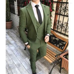 Men's Suits 2023 Men Olive Green Groom Tuxedos Notch Lapel Groomsmen Wedding Man 3 Pieces ( Jacket Pants Vest Tie )