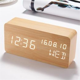 Table Clocks Modern Wooden Led Smart Alarm With Touch/Voice Sensing Bedrooms Square Voice Control Desktop Digital Clock For Room
