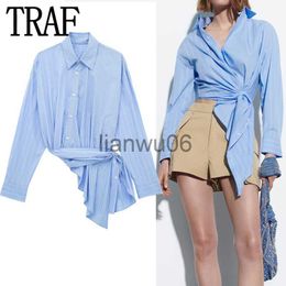 Women's Blouses Shirts TRAF Blue Striped Shirt Woman Asymmetric Crop Top Women Long Sleeve Button Up Shirt Woman Fashion Streetwear Chic Woman Blouse J230802