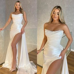 Elegant White Evening Dresses Pearls Strapless Formal Long Party Prom Dress Pleats Thigh Slit Dresses for special occasion