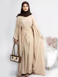 Ethnic Clothing Abaya 3 Piece Set Muslim Women Matching Suits Out Abayas Kimono Inner Dress Mid Wrap Skirt Dubai Ramadan Eid Islam Prayer