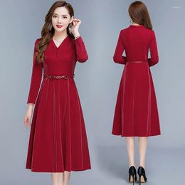 Casual Dresses High-Quality Dress Women 2023 Autumn Cover Belly Is Thin Temperament Pure Colour Lace-Up Wine Red