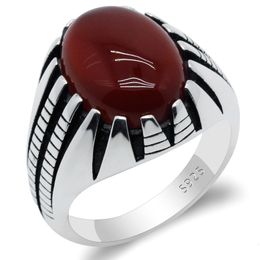 Wedding Rings 925 Sterling Silver Men Ring Prong Setting Natural Red Agate Stone Retro Punk Thai for Man Women Fine Jewelry 230802