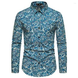 Men's Casual Shirts Blue Paisley Print Vintage Shirt Men 2023 Brand Slim Fit Long Sleeve Button Down Dress Mens 70s Party Prom Top Blouse