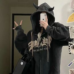 Womens Hoodies Sweatshirts Women Retro Zipper Long Sleeve Jacket Coats Casual Hooded Oversized Y2k Streetwear Couples Letter Devil Tops 230802