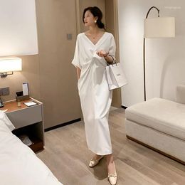 Casual Dresses 2023 Summer Elegant French Fashion Slit Mid-Length Women'S White V-neck Dress Trendy Party Evening Large Vestido