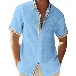 Men's Casual Shirts Summer Hawaiian Beach Shirt Short Sleeve Cardigan Cuff Front Contrast Polo Neck For Men Comfortable Blouses