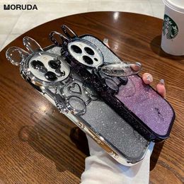 Cell Phone Cases Cute Rabbit Camera Protector Holder Case for iPhone 14 13 12 11 Pro Max X Xr Xs 8 7 Plus SE2 Plating Gradient Glitte Clear Cover L230731