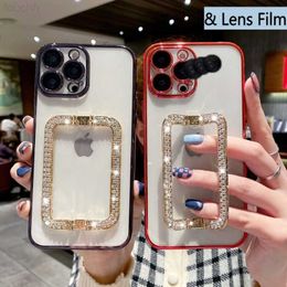 Cell Phone Cases Korea 3D Crystal Square Holder Gold Plating Lens film Phone Case For iphone 14 13 12 11 Pro Max MiNi X XS XR 7 8 Plus SE Cover L230731