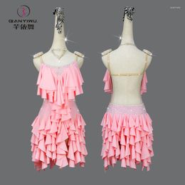 Stage Wear 2023 Professional Pink Latin Dance Competition Dress Sexy Women Ball Clothes Line Salsa Practice Plus Size Short Skirt Cha