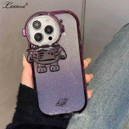 Cell Phone Cases Cartoon Glitter Astronaut Bracket Case For iPhone 14 13 12 Pro Max 11 Xr 14 Plus Plating Transparent Bling Gradient Stand Cover L230731