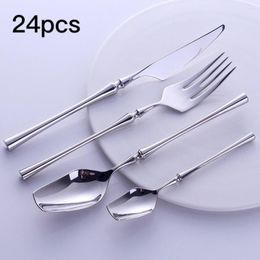 Dinnerware Sets Knife Fork Spoon Set Steak Western Shiny Simple Stainless Steel Bamboo Handle Home Tableware24PCS