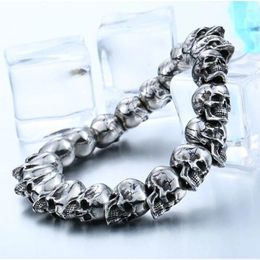 Bangle Men's Fashion Jewelry Titanium Steel Retro Punk Gothic Skull Bead Bracelet Elastic Rope Chain Adjustable Size