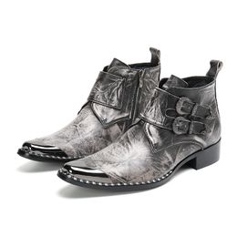 Winter Italian Shoes Male Original Social Party Dress Shoe Man Real Leather Cowboy Short Boots Plus Size Buckle Men Ankle Boots
