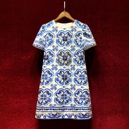 2023 Summer BlueFloral Print Dress Short Sleeve Round Neck Knee-Length Casual Dresses A3Q122153
