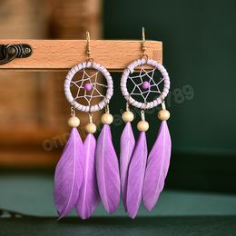 Vintage Bohemian Dream Catcher Wood Bead Feather Earrings for Women Ethnic Long Colourful Dangle Earrings Casual Vacation Jewellery