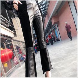 Women's Pants 4XL Velvet Stitching PU Leather Women Large Size High Waist Stretch Flare Trousers Lady Slim Bell-bottom 5XL