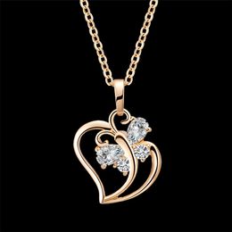 Pendant Necklaces Vintage Gold Colour Heart Butterfly Necklace Fashion Chain Chokers for Women Cubic Zirconia Jewellery 230801