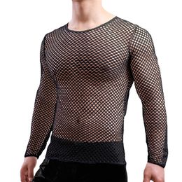 Men s Tank Tops Mens Transparent Sexy Mesh T Shirts See Through Fishnet Long Sleeve Muscle Undershirts Nightclub Party Perform Tees Clothes 230802