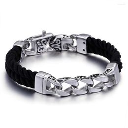 Link Bracelets Punk Style Stainless Steel Chain Leather Bracelet Black 220mm Bangles Men Vintage Male Braid Jewelry For