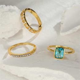 Wedding Rings 3pcs Lake Blue Stone Triple Ring Set Gold Colour Square Crystal Bands Bridal Promise Engagement For Women Jewellery