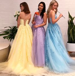 2023 A Line Spaghetti Strap Tulle Long Prom Dresses Square Collar Criss-Cross Back Evening Gowns with Train robe de soiree