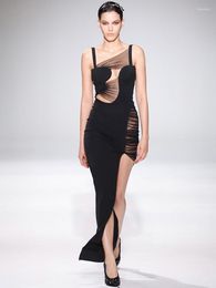 Casual Dresses HIGH STREET Est 2023 Designer Fashion Women's Sexy Mesh Stitching Suspender Openwork Split Dress