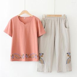 Women's Two Piece Pants Summer Loose Indie Folk Embroidery Cotton Ladies Pant Sets Short Sleeve T-Shirt And Cropped Trousers Set For Women