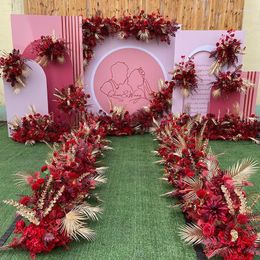 Decorative Flowers Gold Leaves Red Wedding Backdrop Floral Arrangement Party Arch Decor Row Prop Event Table Centrepiece Ball Floor