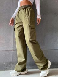 Women's Pants Echoine Green Cargo Hight Waist Elastic Pocket Straight Trousers Casual Y2K Women Street