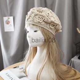 Stingy Brim Hats 2023 Spring and Autumn New All-match Literary Hollowed Out Hook Flower Beret Elegant Retro Hand-woven Knitted Hat Female Summer J230802