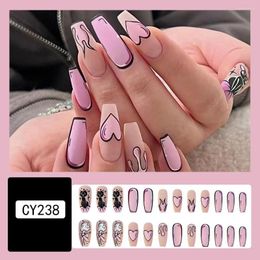 False Nails 24pcs Manga Fake Set 3D Heart Cat Designs DIY Manicure Accessories Long French Coffin Tips Faux Ongles Press On Nail