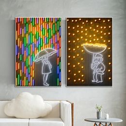 Banksy Art Canvas Painting Money Rain Neon Umbrella Girl Abstract Posters Wall Art Picture Living Room Home Decoration Frameless w06