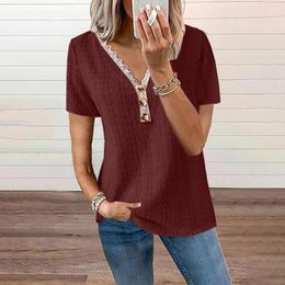 Women's T Shirts Loose Casual Lace Button Braided Pattern Daily Summer V Neck Short Sleeve Top Shirt Scoop Long