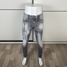 Men's Jeans Streetwear Fashion Vintage Men Retro Gray Elastic Slim Fit Painted Ripped Patched Designer Brand Pants Hombre