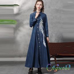 Casual Dresses 2023 Female Clothing Women Elegant Retro Slim Peacock Pattern Thin Long Sleeve Denim Maxi Dress