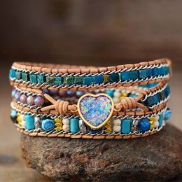 Charm Bracelets Luxury Leather Wrap Bling Blue Heart Opal Jaspers 3 Strands Statement Bracelet Handmade Bohemian Jewellery Bijoux 230801