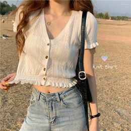 Women's T Shirts Brief Paragraph High-waisted Jacket Female Summer 2023 Silk Knitted Cardigan V-neck Ice Hollow Out Thin Short Sleeve