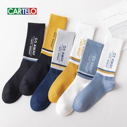 Men s Socks CARTELO Fashion Striped letters Casual Sport High Tube Soft Breathable Cotton 4 Season Male 230802