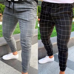 Men's Pants Fashion Plaid Print Drawstring Pencil Elastic Casual Slim Fit Male Formal Office Business Skinny Trousers