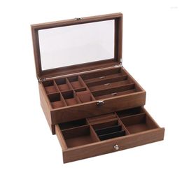 Jewellery Pouches High Quality 6 3 Grids Wooden Watch Organiser Glass Lock Double Layer Retro Glasse Box Display Case Storage Casket