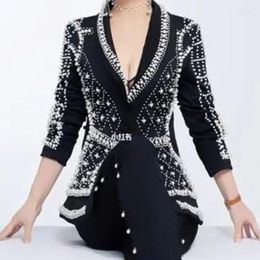 Women's Suits Luxury Floral Printed Pearls Beaded Thick Blazers Coat Geometric Pattern Rivets Suit Jacket Cardigan Crop Tops Chaquetas