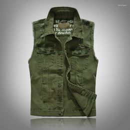 Men's Vests Fashion Korean Style Slim Denim Vest Casual Scratched Fringe Frayed Tassel Jacket Army Green Pockets Jeans Waistcoat