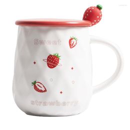 Mugs Ceramic Cup With Lid Cute Strawberry Printed Men And Women Coffee Tea Simple Household Spoon