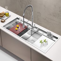 New Kitchen Double Sink Handmade Brushed 4mm Thickness Large Size 4 Holes Double Kitchen Sink With Drain Plate Sinks