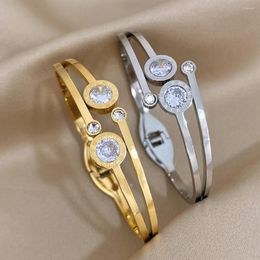 Link Bracelets DODOHAO Simple Double Inlaid Crystal Big Round Roman Numerals Zircon Stainless Steel Cuff Bangles For Women Jewelry