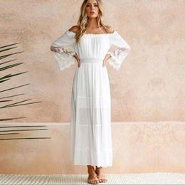 Casual Dresses Long Boho Dress White Sexy Off The Shoulder Beach Sundress Flare Sleeve Splice Lace Women Summer Vestidos2023